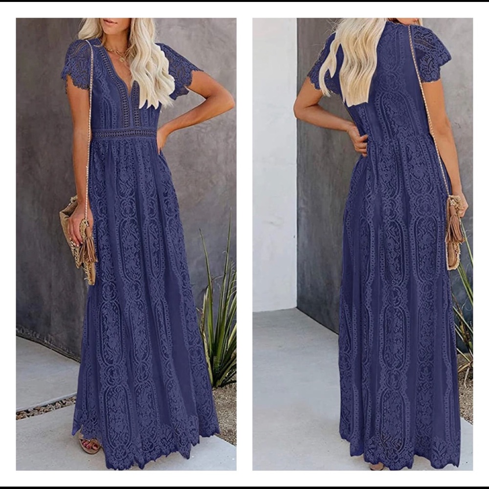 NWT V Neck Short Sleeve Floral Lace Maxi Dress